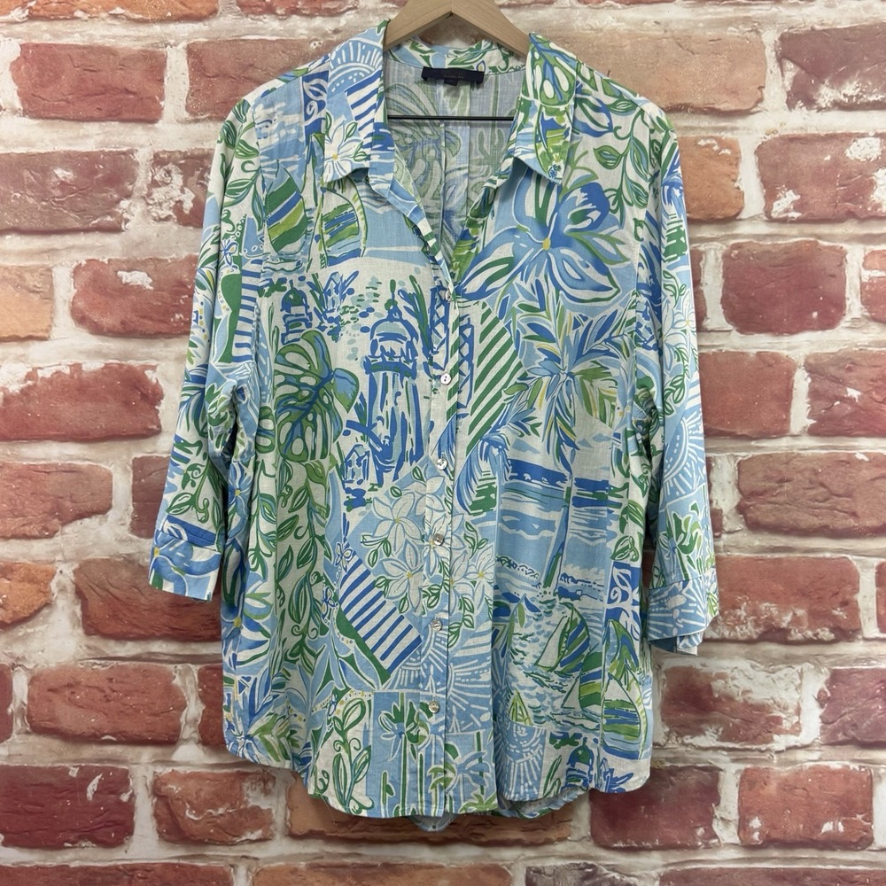 Rachel Roy Top Womens 2X Linen Blend Tropical Floral Coastal Sailboat Shirt